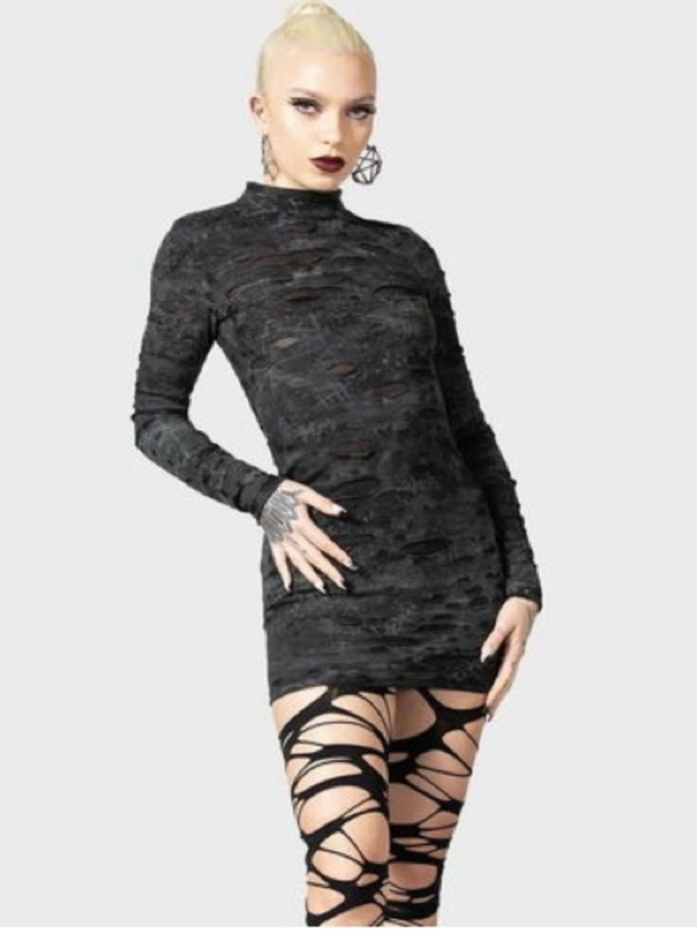 Killstar Sinners Glimmer Mini Grunge Black Gray Distressed Dress Large NWOT
